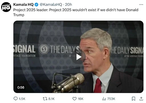 Tweet from Kamala HQ: Project 2025 leader says Project 2025 wouldn't exist without Donald Trump