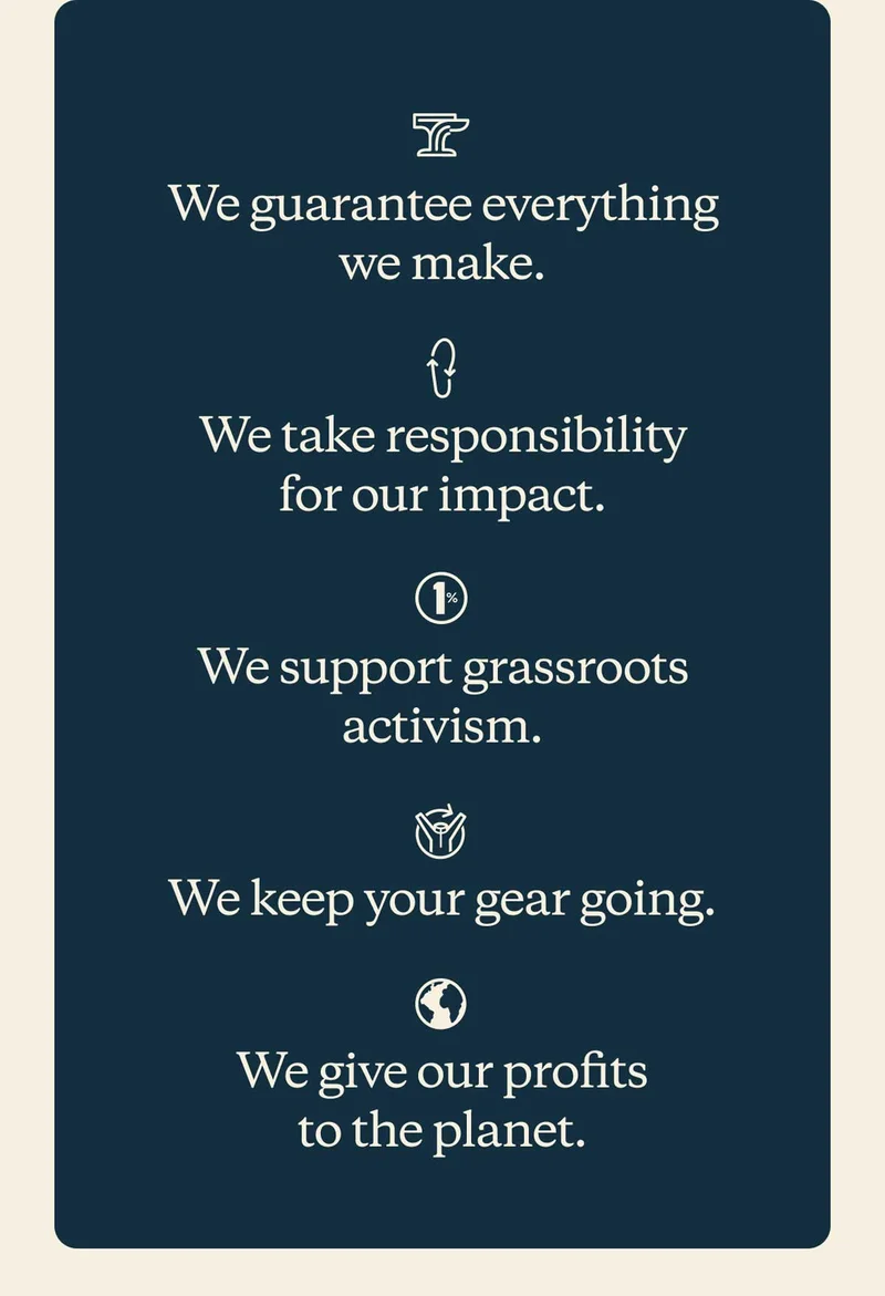 We guarantee everything we make. We take responsibility for our impact. We support grassroots activism. We keep your gear going. We give our profits to the planet.