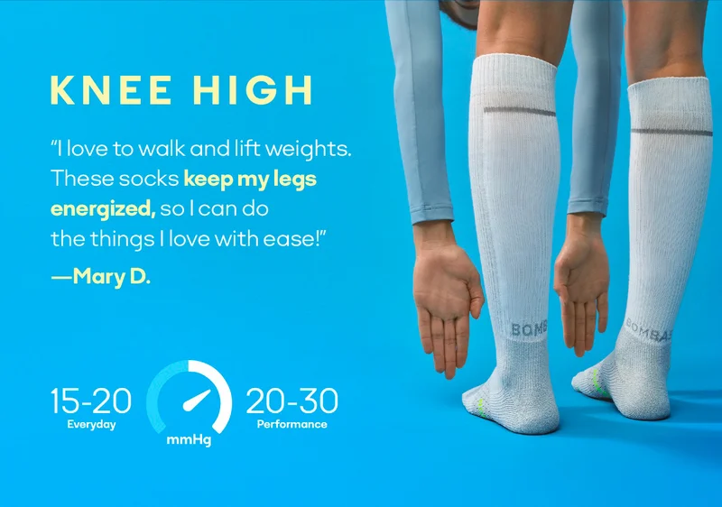 KNEE HIGH. “l love to walk and lift weights. These socks keep my legs energized, so I can do the things I love with ease!” —Mary D.