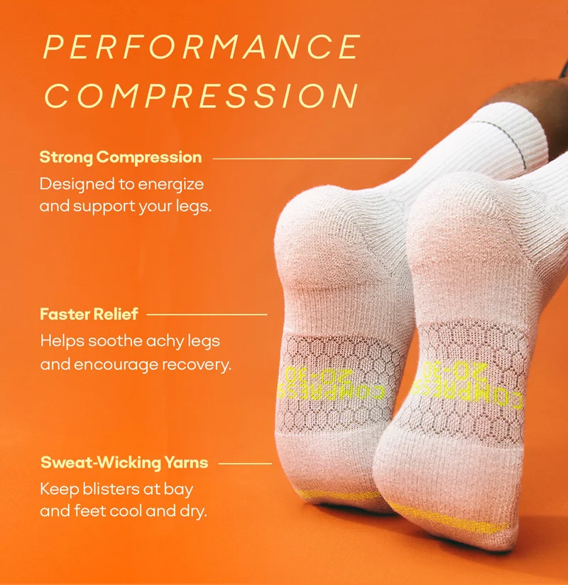 PERFORMANCE COMPRESSION. Strong Compression Designed to energize and support your legs. Faster Relief - Helps soothe achy legs and encourage recovery. Sweat-Wicking Yarns - Keep blisters at bay and feet cool and dry.