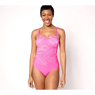 Susan Graver Soleil Embroidered Swimsuit with Removable Strap  Size Plus 32  Luminous Pink