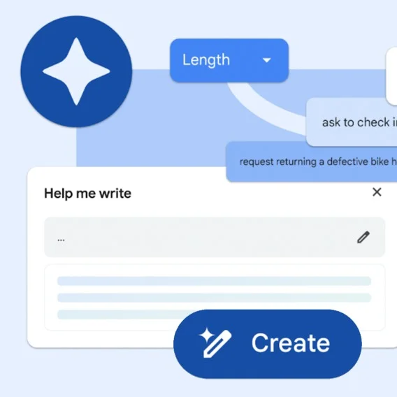 Ilustration of productivity icons with words like 'Length' 'Create' and 'Help me write'