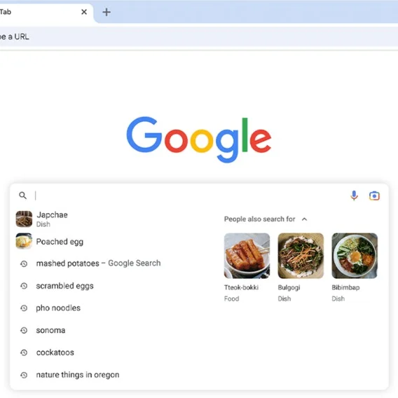 A Google Search bar showing a search for various food items and suggestions following.