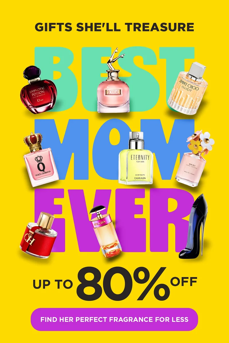Popular perfumes surround 'Best Mom Ever' lettering for Mother's Day savings