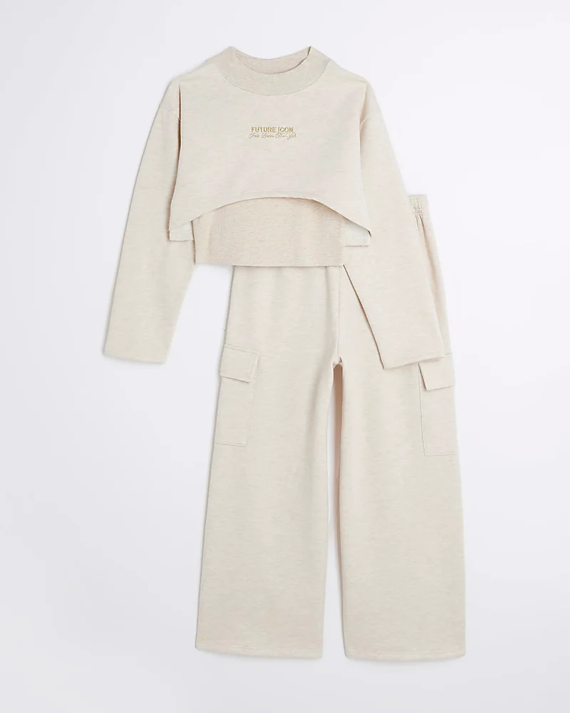 Girls Beige Double Layer Sweatshirt Set