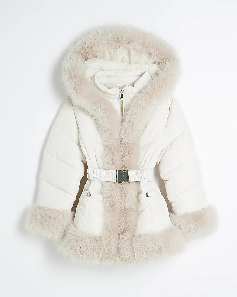 Girls Cream Faux Fur Belted Snow Coat