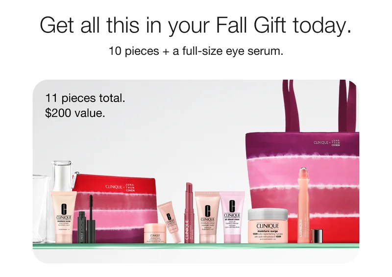Get all this in your Fall Gift today. | 10 pieces + a full-size eye serum. | 11 pieces total. $200 value.
