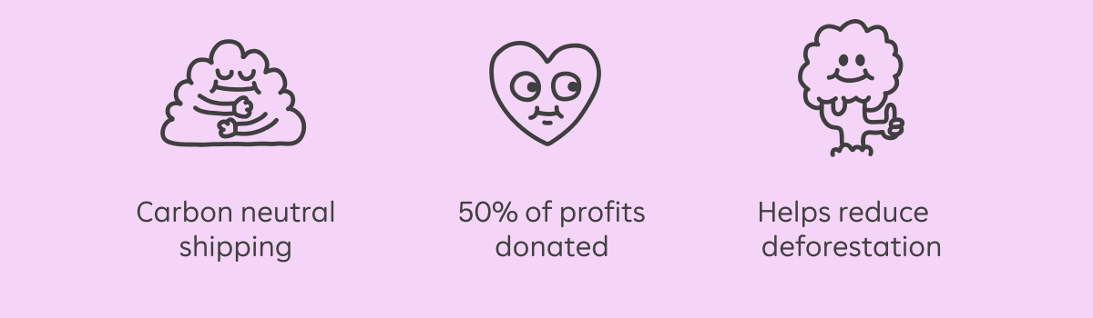Carbon neutral shipping. 50% of profits donated. Helps reduce deforestation.