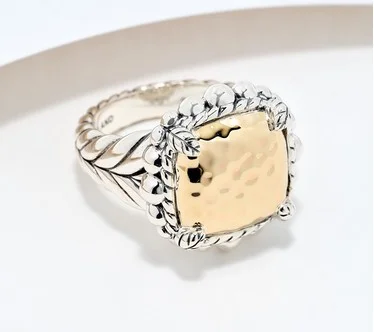 JAI 14K Gold & Sterling Silver Hammered Bead Cushion Ring
