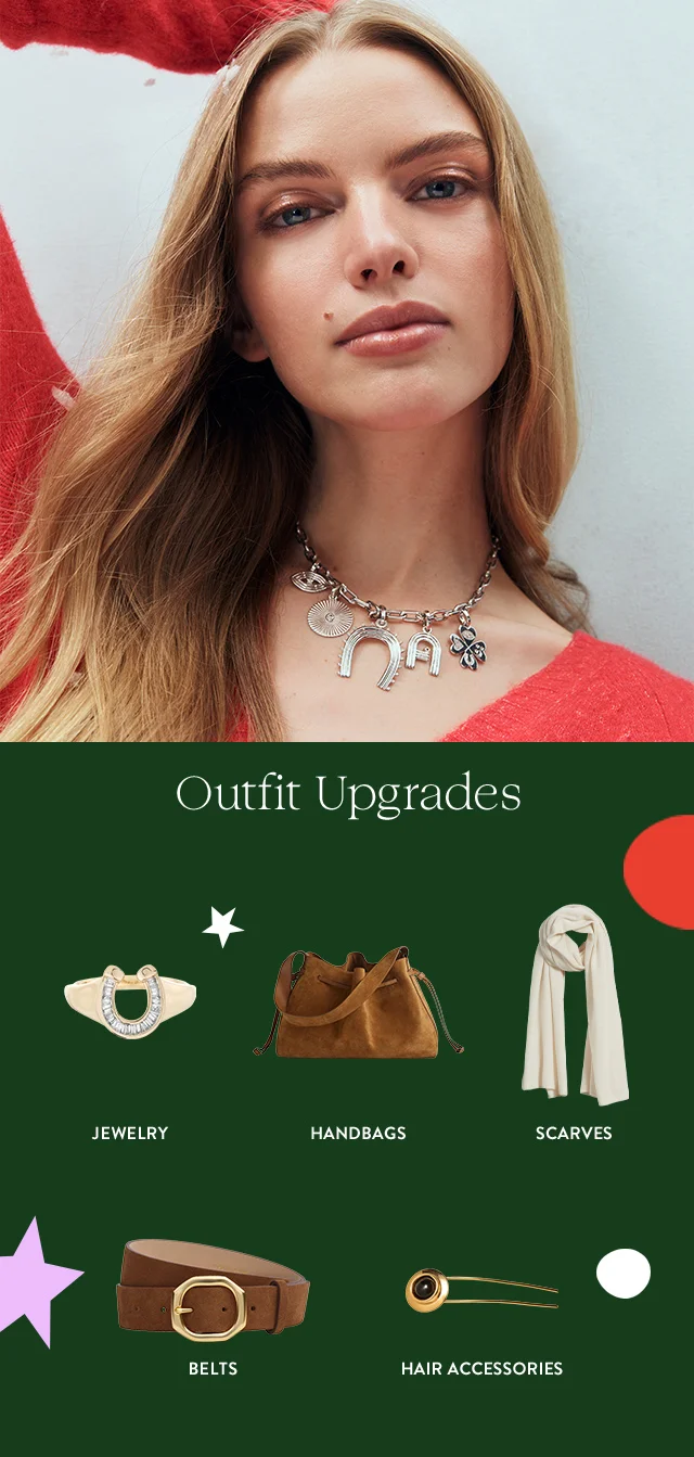 A woman wearing a charm necklace. A ring, handbag, scarf, belt and hair pin.
