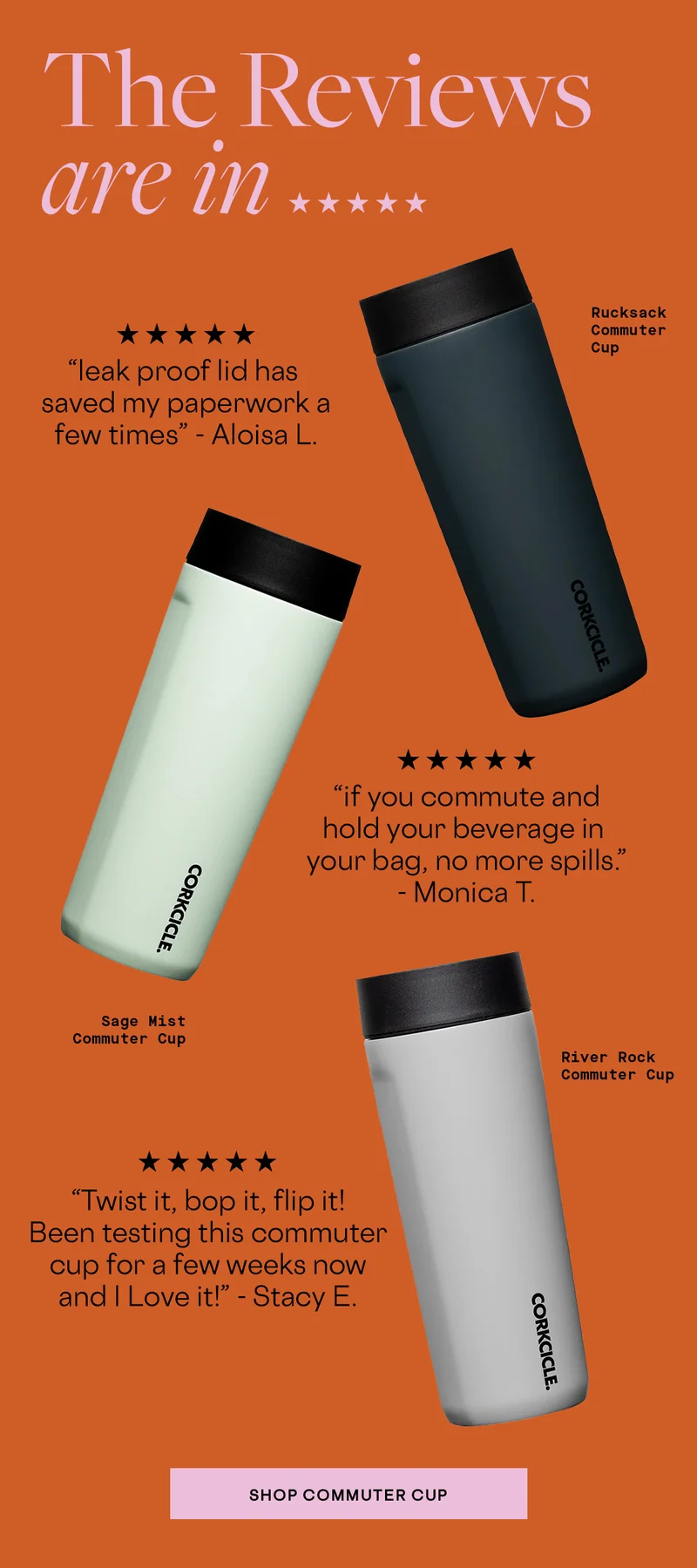 5-star reviews on the spill-proof Commuter Cup