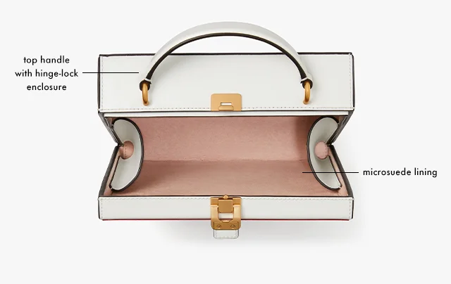 top handle with hinge-lock enclosure, microsuede lining