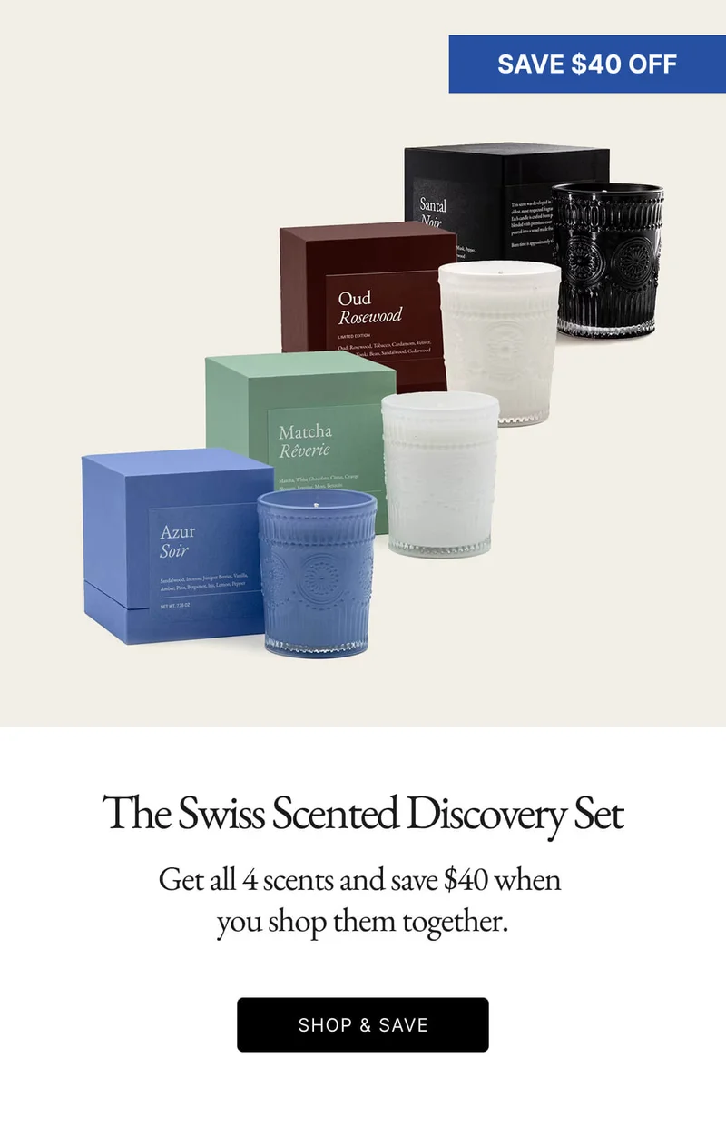 The Swiss Scented Discovery Set Get all 4 scents and save $40 when you shop them together. SHOP & SAVE