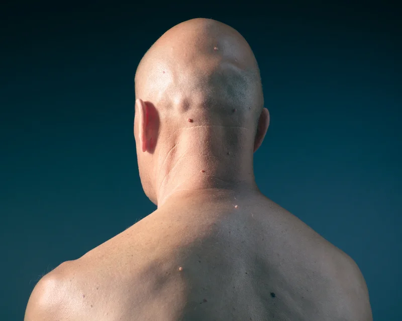 A bald man is shown from behind on a blue background.
