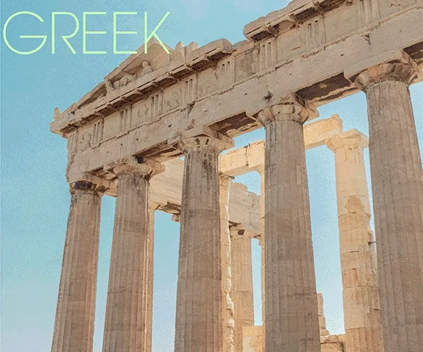 Animated GIF showcasing the Parthenon with the word 'GREEK' appearing in large letters. The scene transitions with bright, warm lighting and clear skies, highlighting the historic architecture