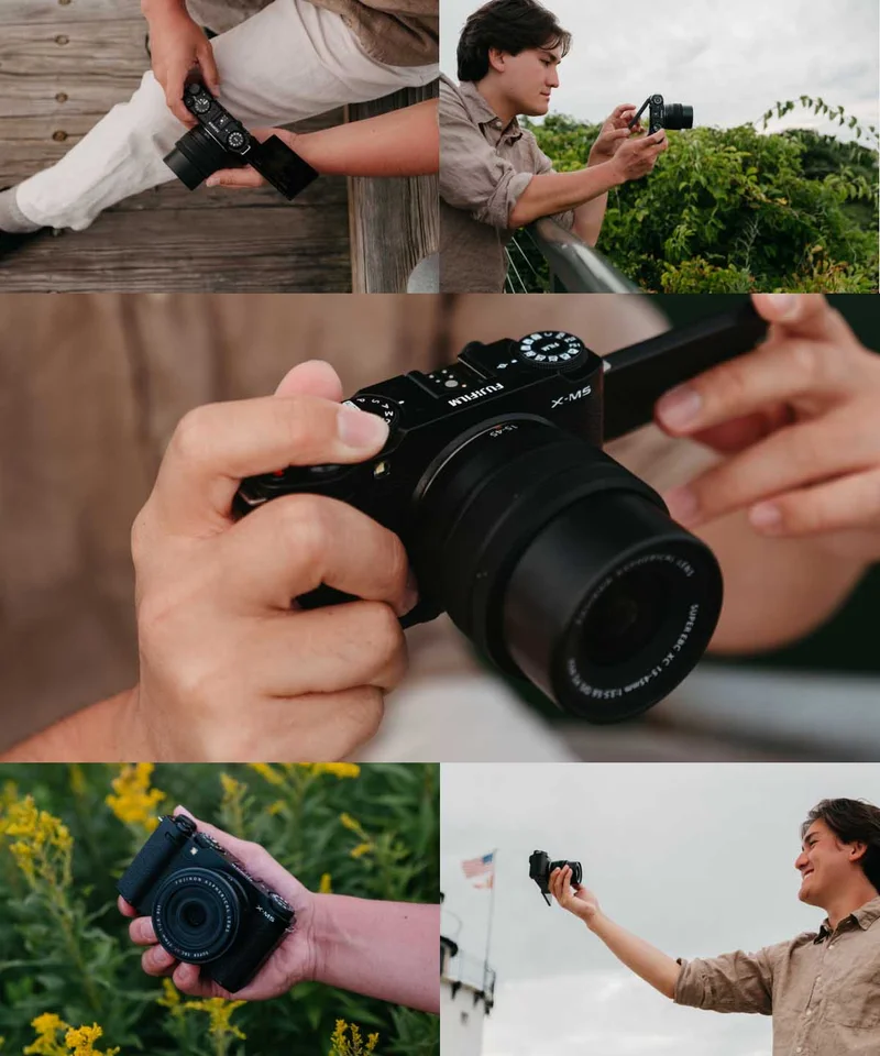 Images of the X-M5 camera being used outside.
