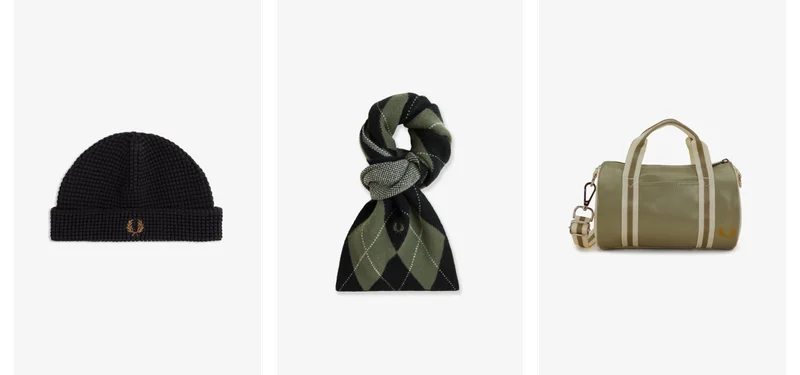product selection includes a black textured beanie, a black and green argyle patterned scarf, and a mini barrel bag in olive green and ecru.