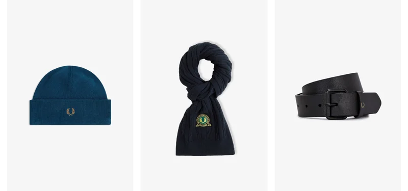 product selection shows a teal blue beanie, a navy scarf with 'club house' type embroidered branding, and a black leather belt