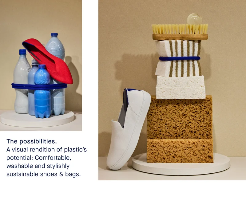 The possibilities. A visual rendition of plastic’s potential: Comfortable, washable and stylishly sustainable shoes & bags.