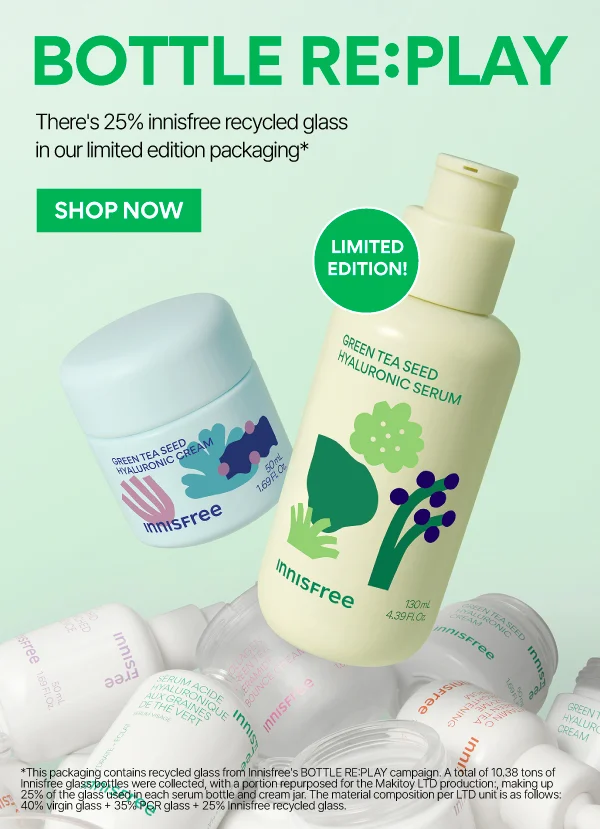 We took tons of empties + transformed Green Tea Serum and Cream into limited edition recycled packaging