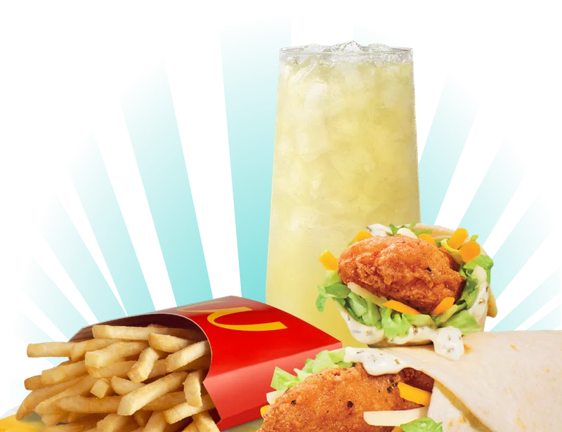 A Snack Wrap meal comes with medium fries and drink, like a Lemonade. Lemonade is subject to an additional charge.