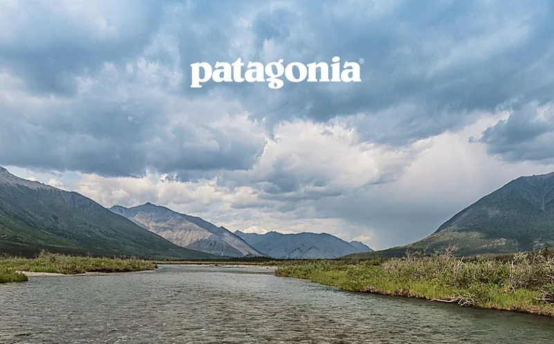 Patagonia. A person paddles a canoe down a clear river.