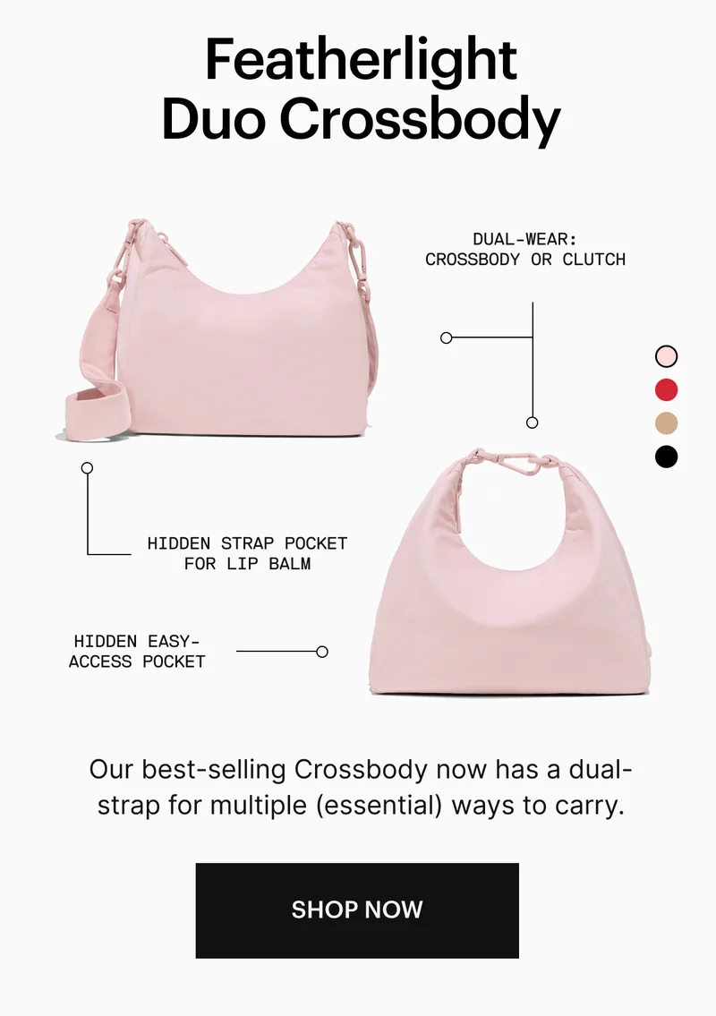Featherlight Duo Crossbody | Dual-wear: crossbody or clutch, Hidden strap pocket for lip balm, Hidden easy-access pocket