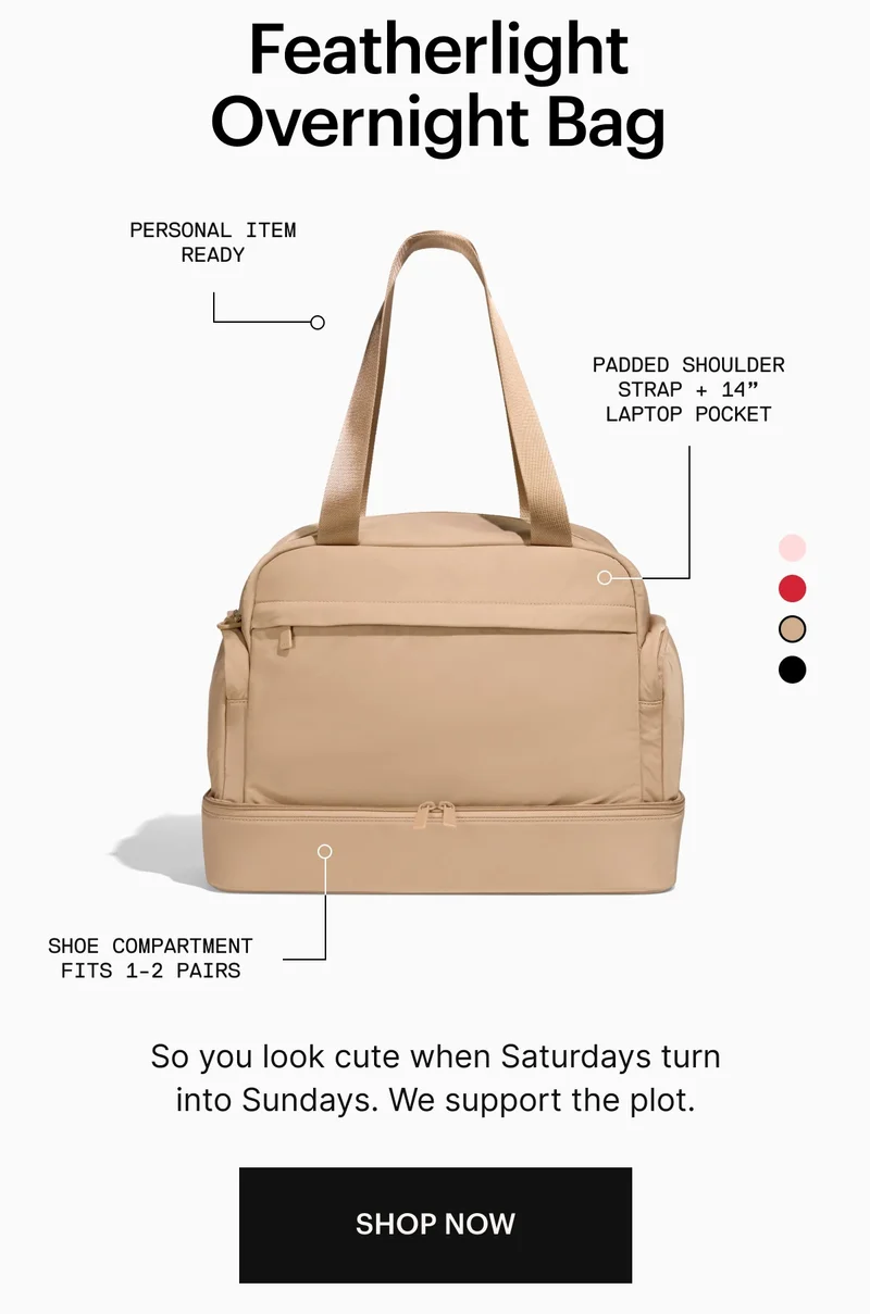Featherlight Overnight Bag | Personal item ready, Shoe compartment fits 1-2 pairs, Padded shoulder strap + 14” laptop pocket
