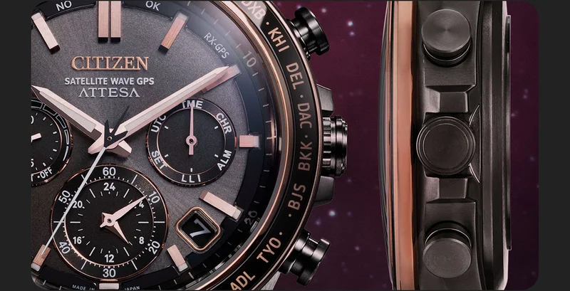 A close-up of the Attesa Super Titanium™ showcasing the rose gold-tone details that stand out against its jet black dial
