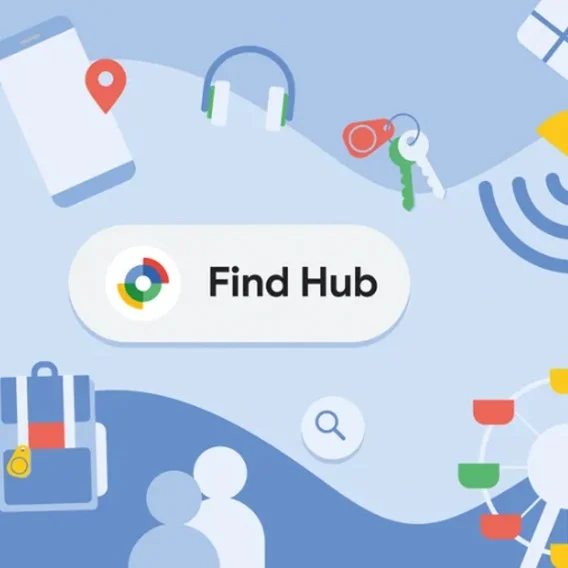an illustration with icons like keys, headphones, a smartphone and the phrase “Find Hub”