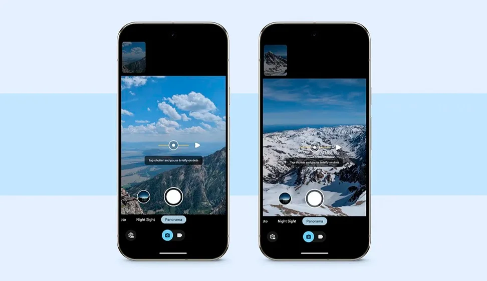 Two side-by-side smartphones taking panoramic pictures of mountains