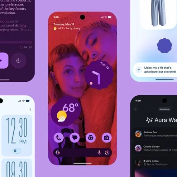 an illustration of multiple smartphone screens, one has a picture of two people, the others show features like alarm clocks