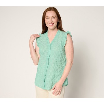 Belle by Kim Gravel Pinstripe Ruffle Shoulder Button Up Top
