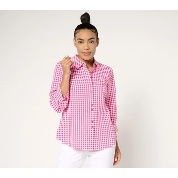 Joan Rivers 100% Cotton Seersucker Plaid Button Front Shirt