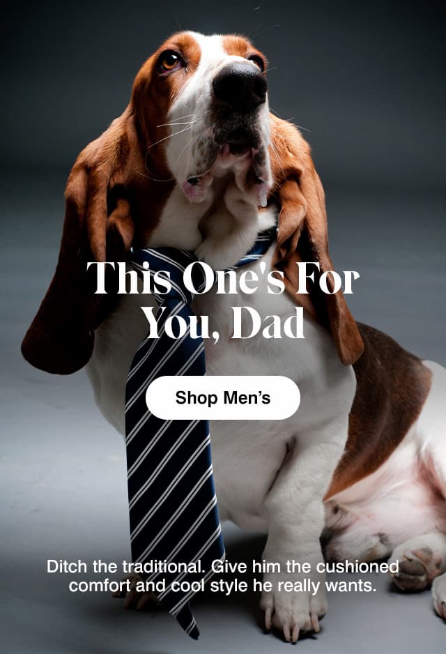 A basset hound wearing a striped tie. The email says This One's For You, Dad. Ditch the traditional. Give him the cushioned comfort and cool style he really wants. Shop Men’s.