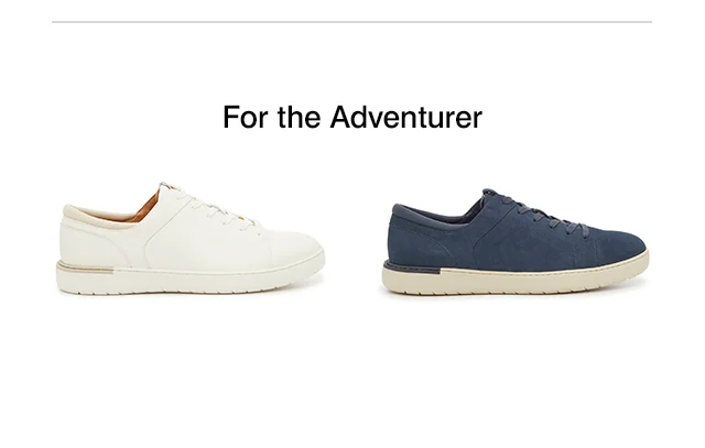 The men’s Benji sneaker in wide width Vanilla Ice leather and the Bear oxford in Denim fabric and suede. Emails says For the Adventurer. ​