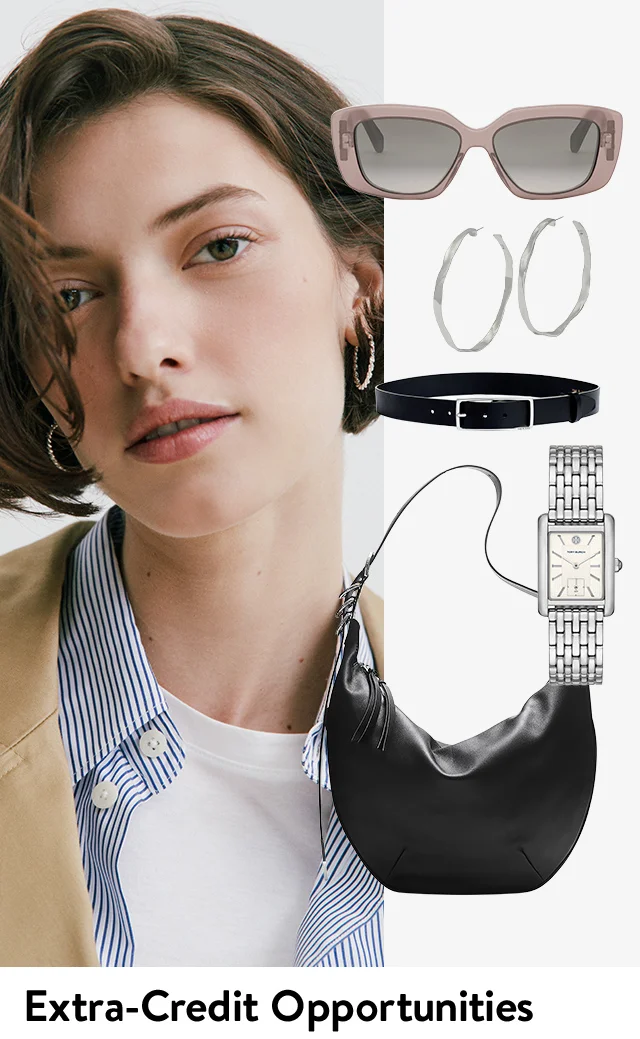 A woman alongside a collage of sunglasses, silver hoop earrings, a black belt, silver watch and black shoulder bag.