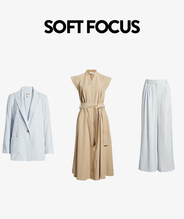 A single-breasted blazer in pale blue, a belted khaki shirtdress, wide-leg trousers in pale blue, wide-leg trousers in beige, a button-up blouse in pale blue and a single-breasted blazer in beige.