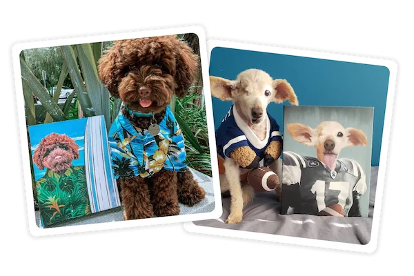 Customer photos of their pets as The Surfer and The Football Player