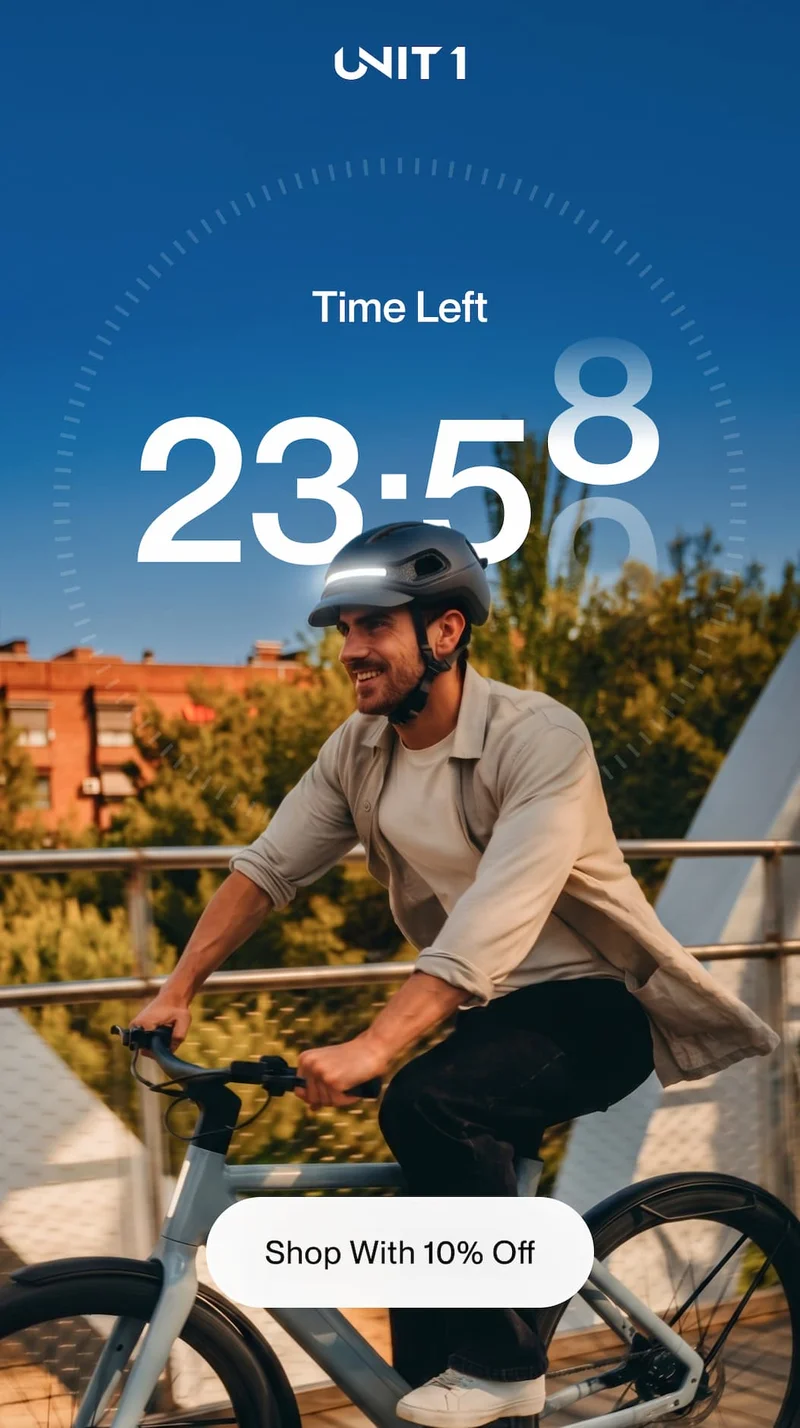 UNIT 1 timer showing 23:58 left, with cyclist and Shop With 10% Off button