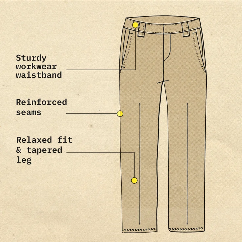 Sturdy workwear waistband. Reinforced seams. Relaxed fit & tapered leg.