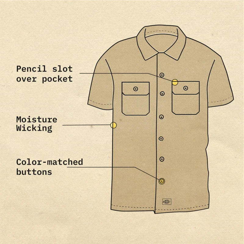 Pencil slot over pocket. Moisture wicking. Color matched buttons.