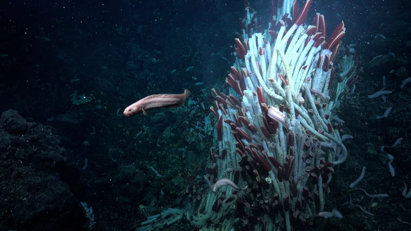 An eelpout swims by a tower of tubeworms at the Tica Vent, a site on the East Pacific Rise that is 8,200 feet deep