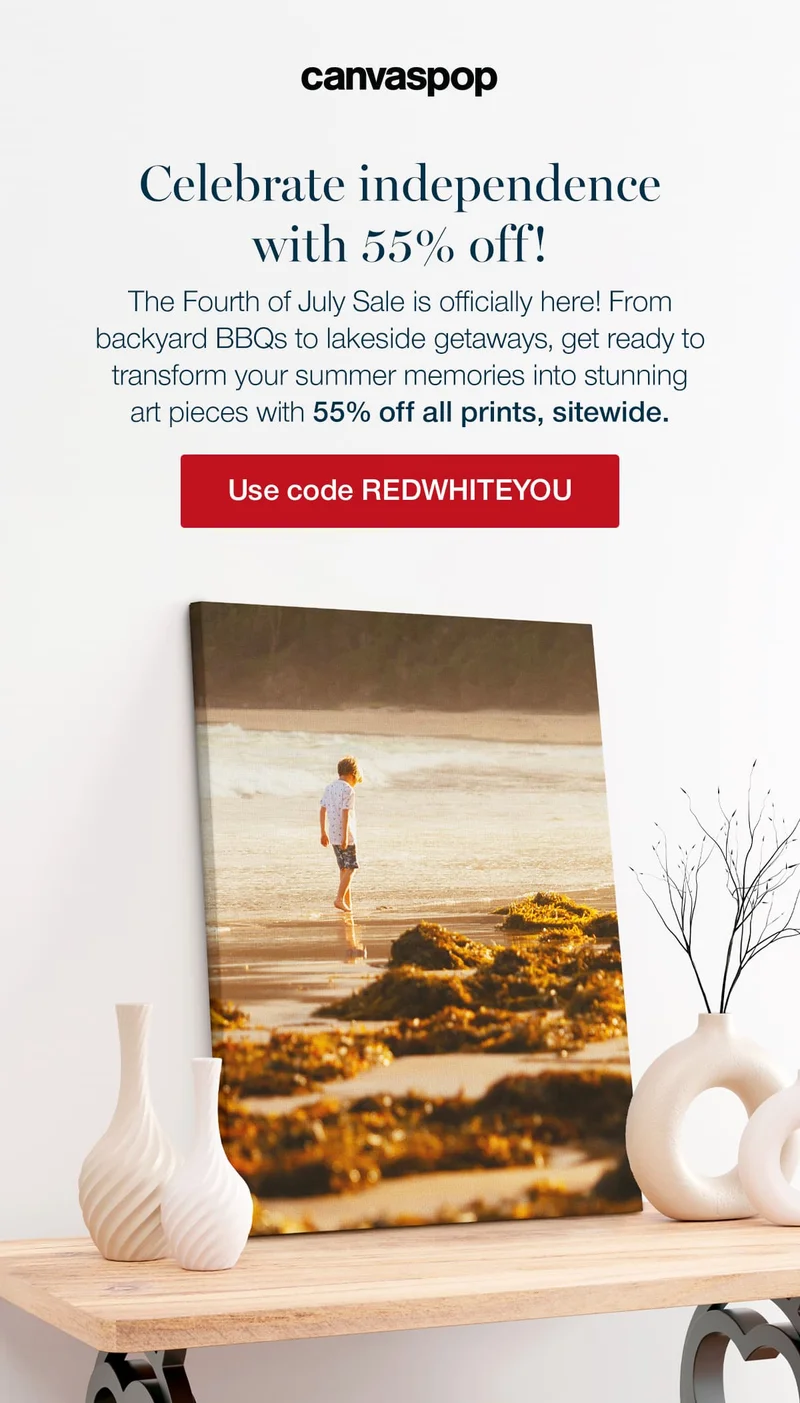Celebrate independence with 55% off! The Fourth of July Sale is officially here! From backyard BBQs to lakeside getaways, get ready to transform your summer memories into stunning art pieces with 55% off all prints, sitewide.