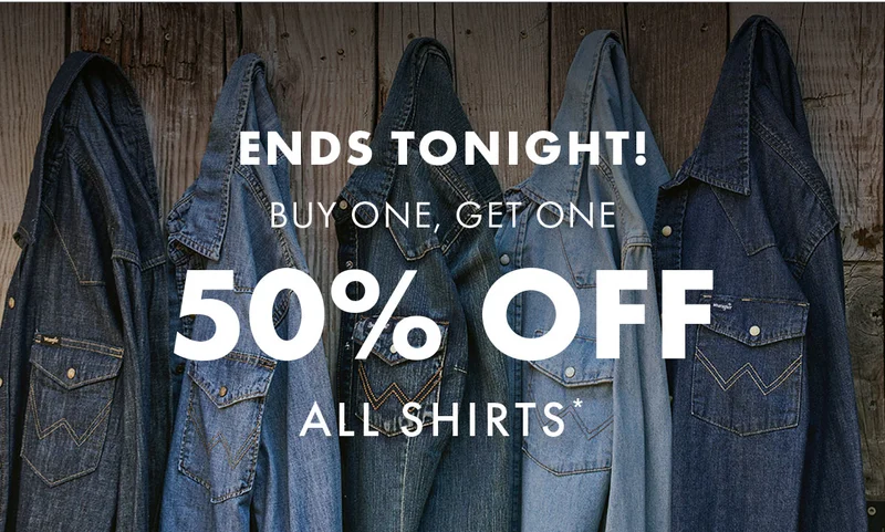 Ends tonight! Buy one, get one 50% off all shirts*