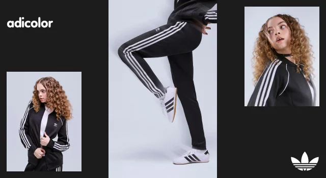 Model wearing black/white adidas matching set with white/black adidas Superstar sneakers