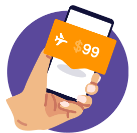 Hand holding a cell phone showing flight deals
