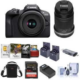 Canon EOS R100 Mirrorless Camera with RF-S 18-45mm f/4.5-6.3 & RF-S 55-210mm f/5-7.1 Lens, Bundle with Memory Card, Smart Charger Base, Software Kit & Filter Kit