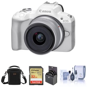 Canon EOS R50 Mirrorless Camera, White with RF-S 18-45mm f/4.5-6.3 IS STM Lens, 32GB SD Card, Shoulder Bag, 49mm Filter Kit, Cleaning Kit