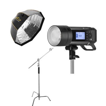 Flashpoint XPLOR 600 PRO TTL + Glow EZ Lock Octa Quick XL Softbox With Bowens Mount (48") + Flashpoint 10' C (Century) Light Stand on Turtle Base Kit w/40" Grip Arm & 2 Gobo Heads and Baby Pin - Chrome